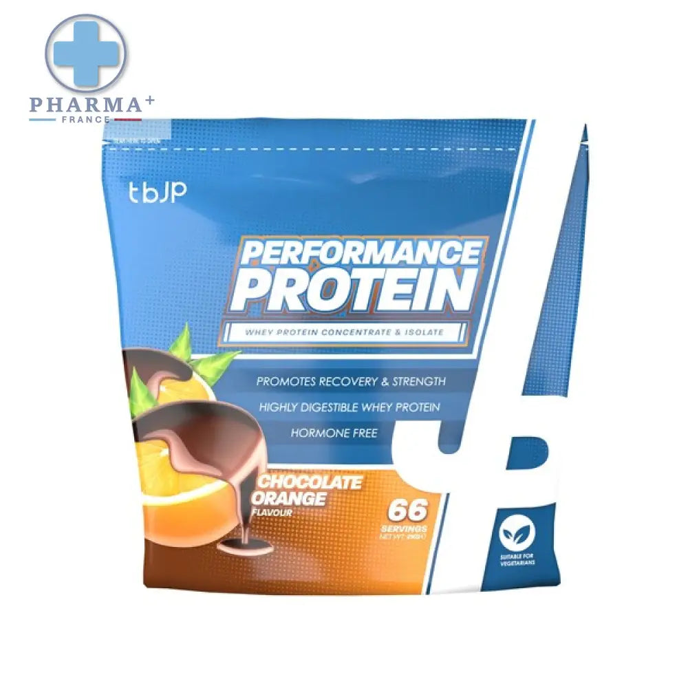 Poche bleue et blanche de performance protéine chocolate orange de trained by jp pour nutrition sportive