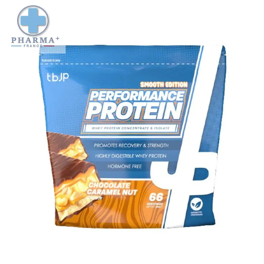 Paquet bleu et blanc de protéine de performance trained by jp au goût chocolate caramel nut 2kg