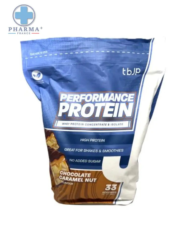Sac bleu et blanc de protéine performance tbjp saveur chocolate caramel nut entraîné par jp 2 kg
