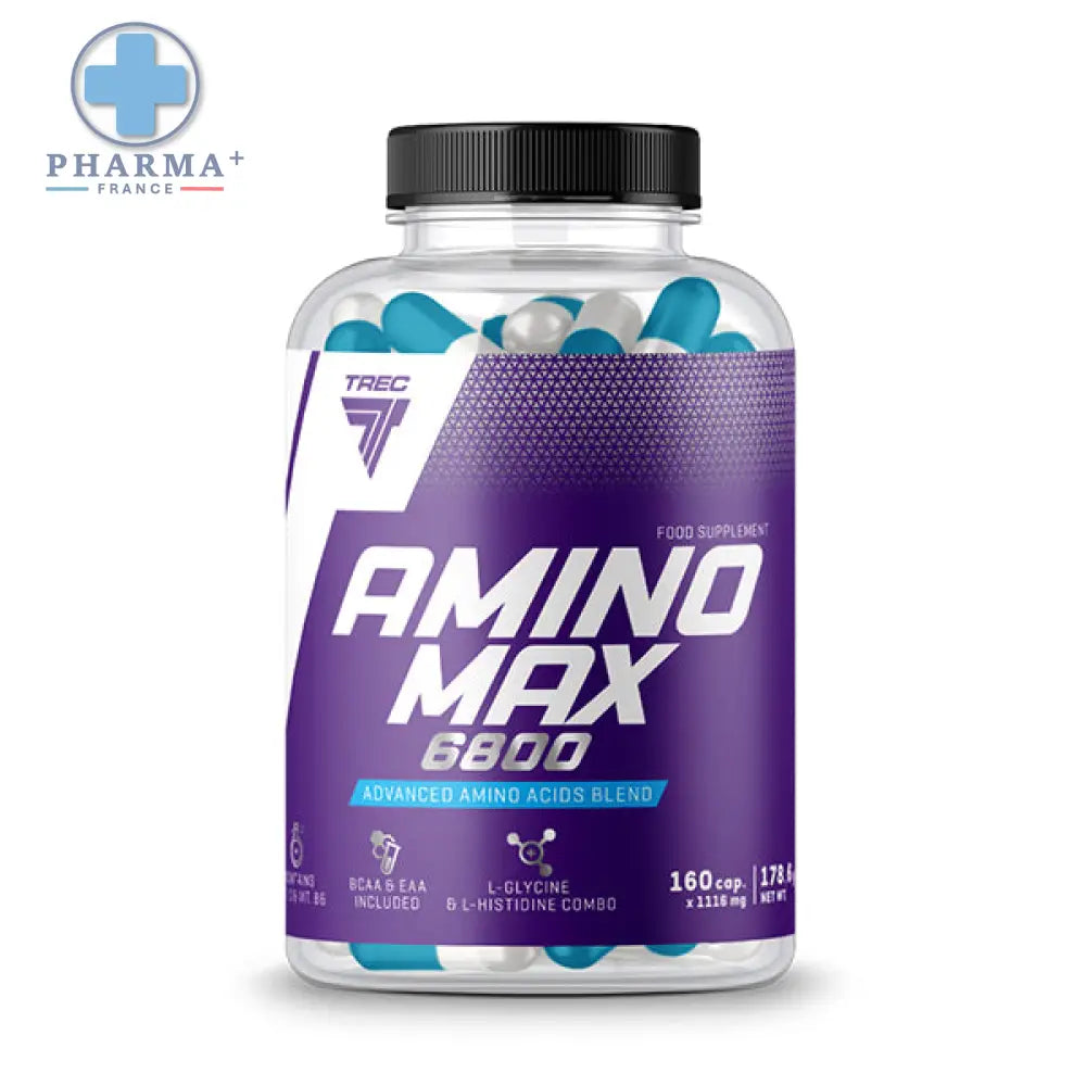 Bouteille trec nutrition amino max 6800 avec étiquette violette et blanche et capsules bleues et blanches visibles à l’intérieur