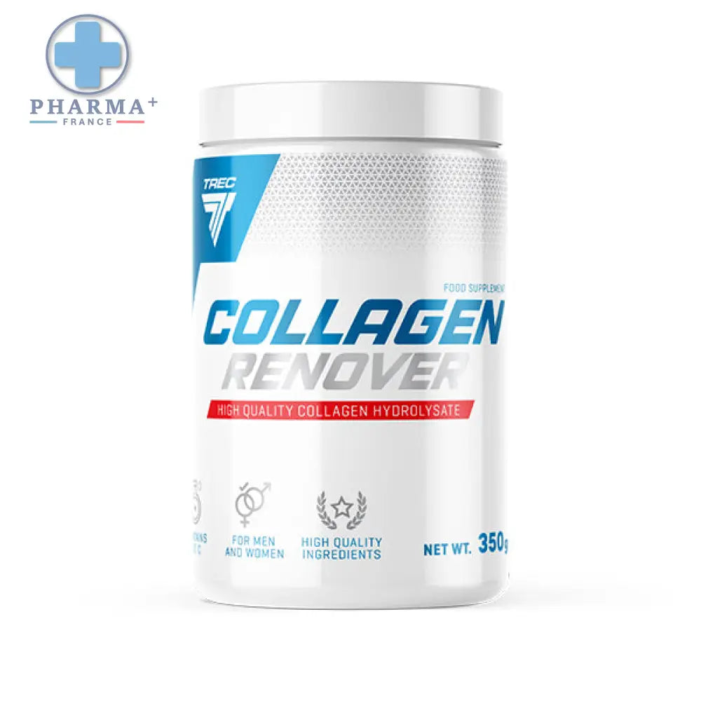Conteneur cylindrique blanc de trec nutrition collagène renover complément alimentaire en poudre avec étiquettes bleue et rouge