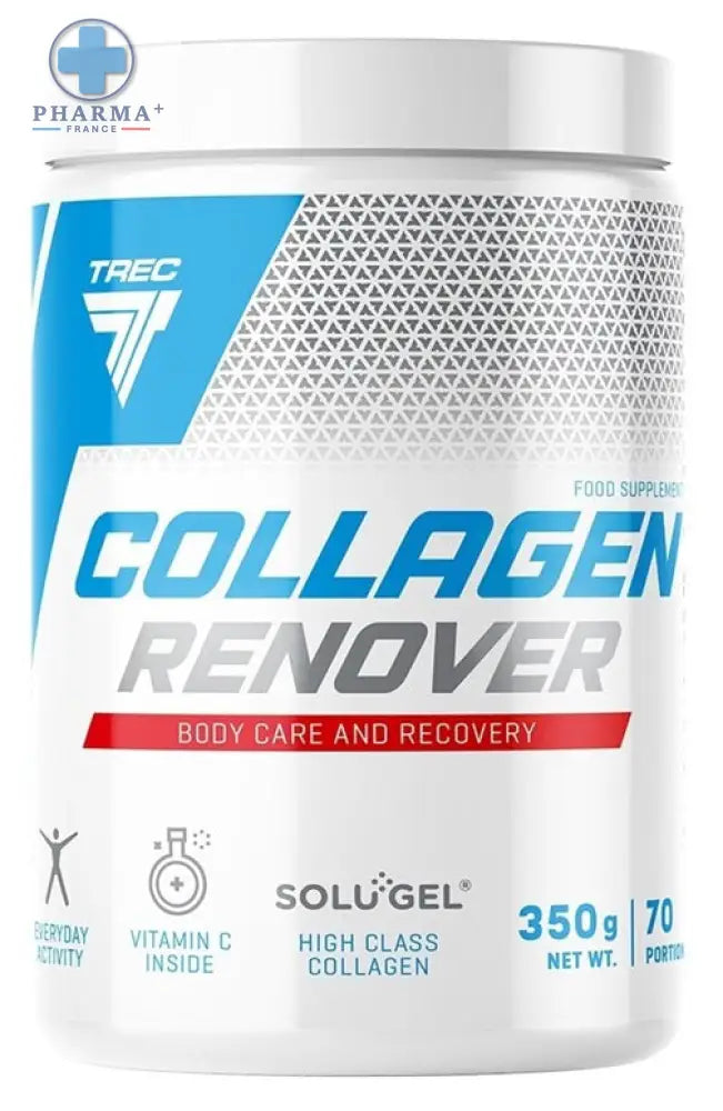 Contenant cylindrique blanc avec design géométrique bleu et argenté collagène renover de trec nutrition pour articulations