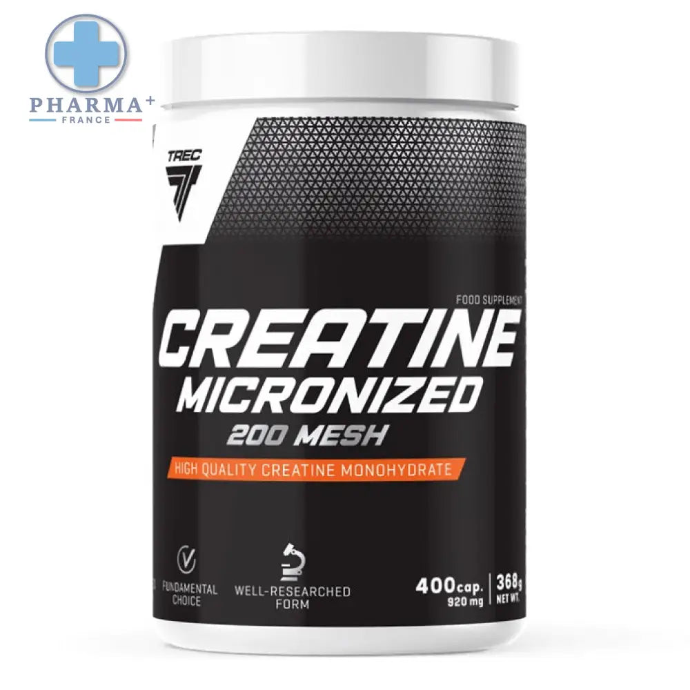 Conteneur cylindrique noir et blanc de trec nutrition créatine micronized 200 mesh avec motif en maille texturée