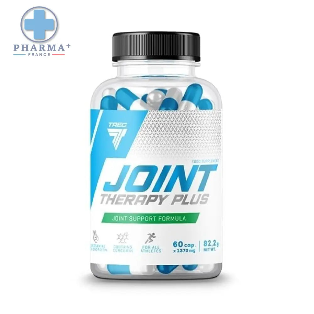Bouteille transparente avec capsules bleues et blanches trec nutrition joint therapy plus soutien articulaire 120 capsules