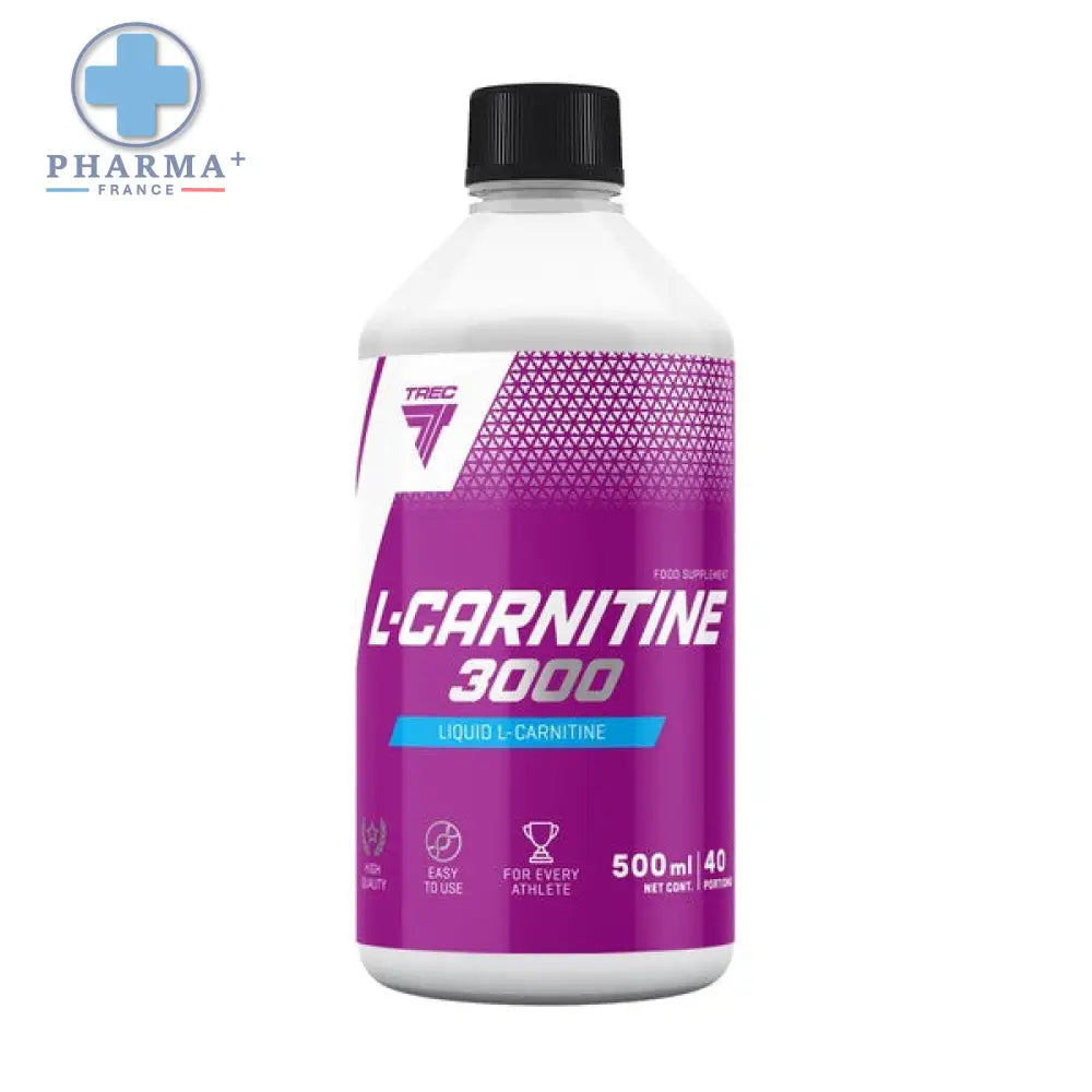 Bouteille trec nutrition l-carnitine 3000 liquide 500 ml avec étiquette violette et blanche et bouchon noir