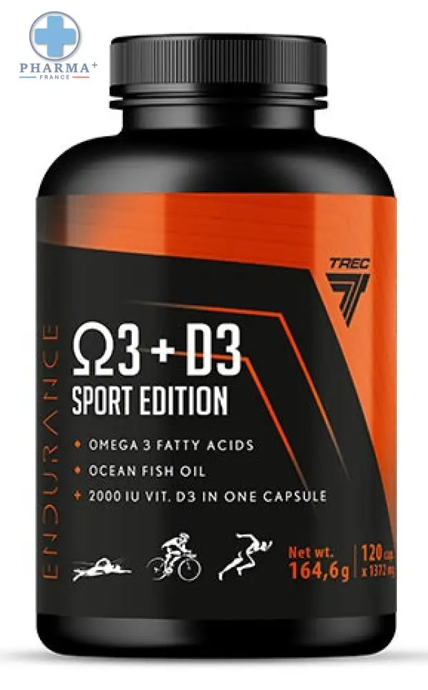 Bouteille noire et orange de trec nutrition endurance omega 3 d3 sport edition avec bouchon noir 60 capsules