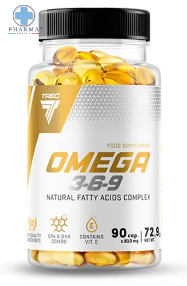 Bouteille plastique transparente avec capsules molles dorées oméga 3 6 9 trec nutrition oméga complexe naturel