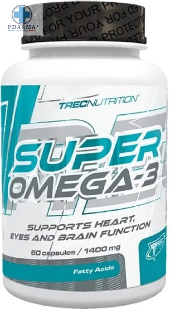 Flacon en plastique blanc avec étiquette bleu-vert et gris trec nutrition super omega 3 complément alimentaire 60 capsules
