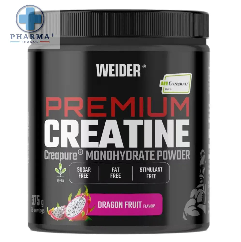 Conteneur cylindrique noir de weider premium créatine creapure 600 g saveur dragon fruit avec couvercle cannelé noir