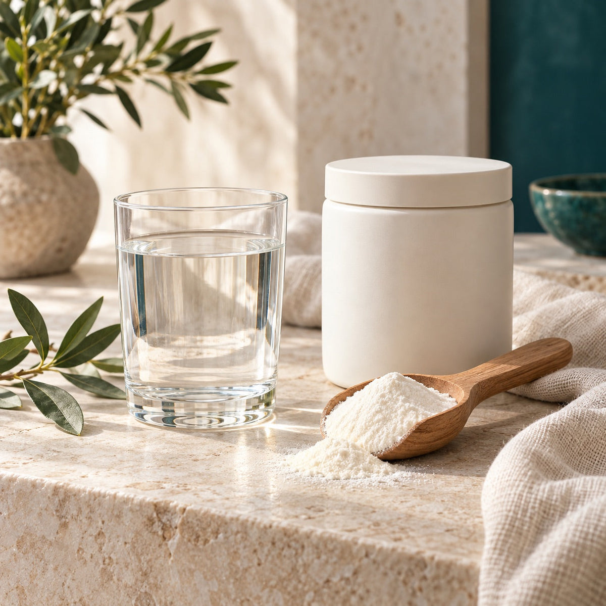 Poudre de collagène et verre d’eau