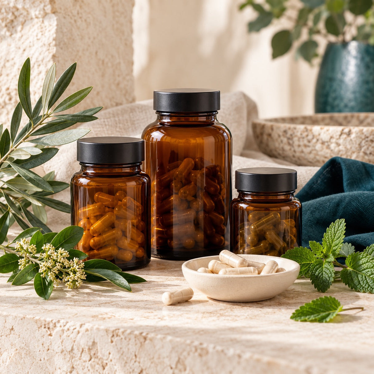Flacons et capsules de compléments alimentaires