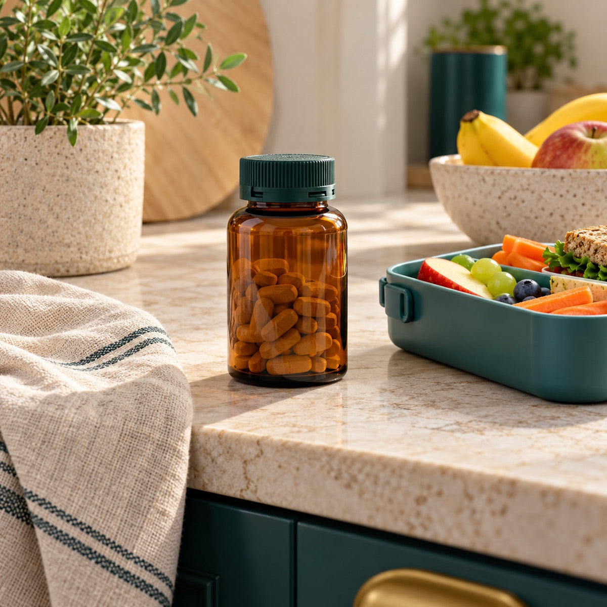 Flacon fermé de vitamines et boîte à goûter avec fruits