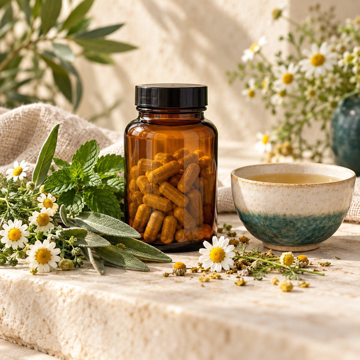 Plantes, infusion et flacon de compléments
