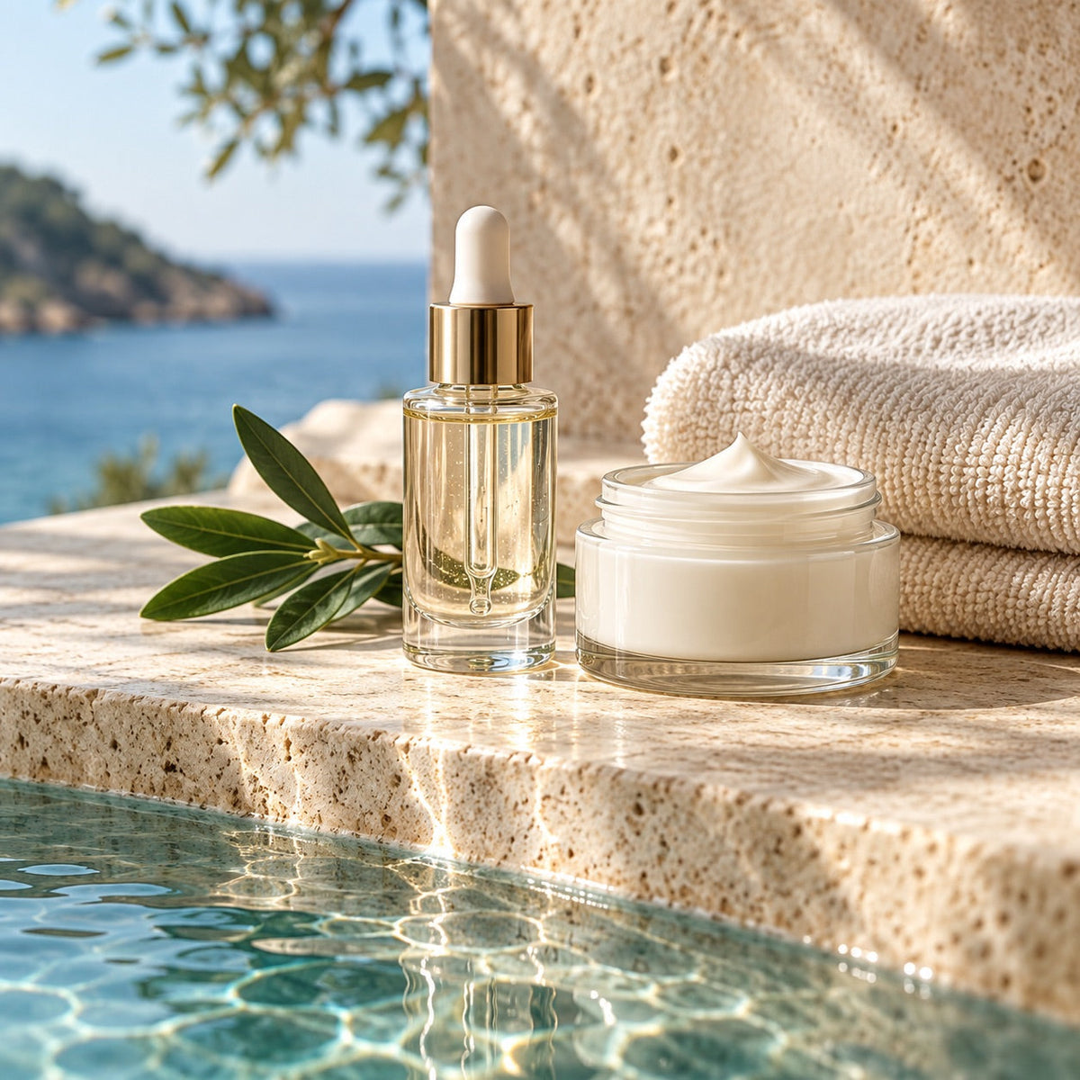 Sérum, crème et serviette pour les soins visage et corps