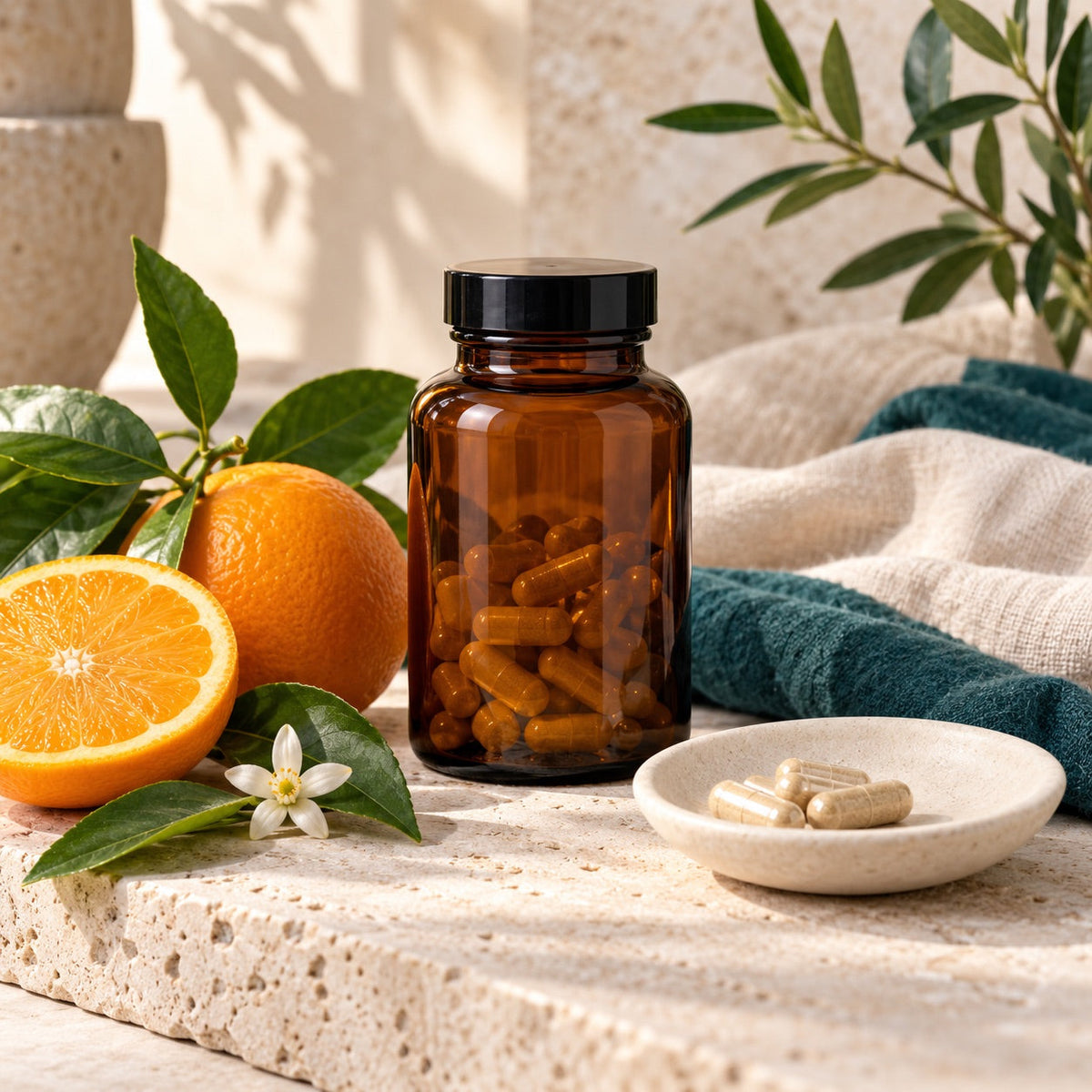 Vitamines et minéraux, capsules et agrumes