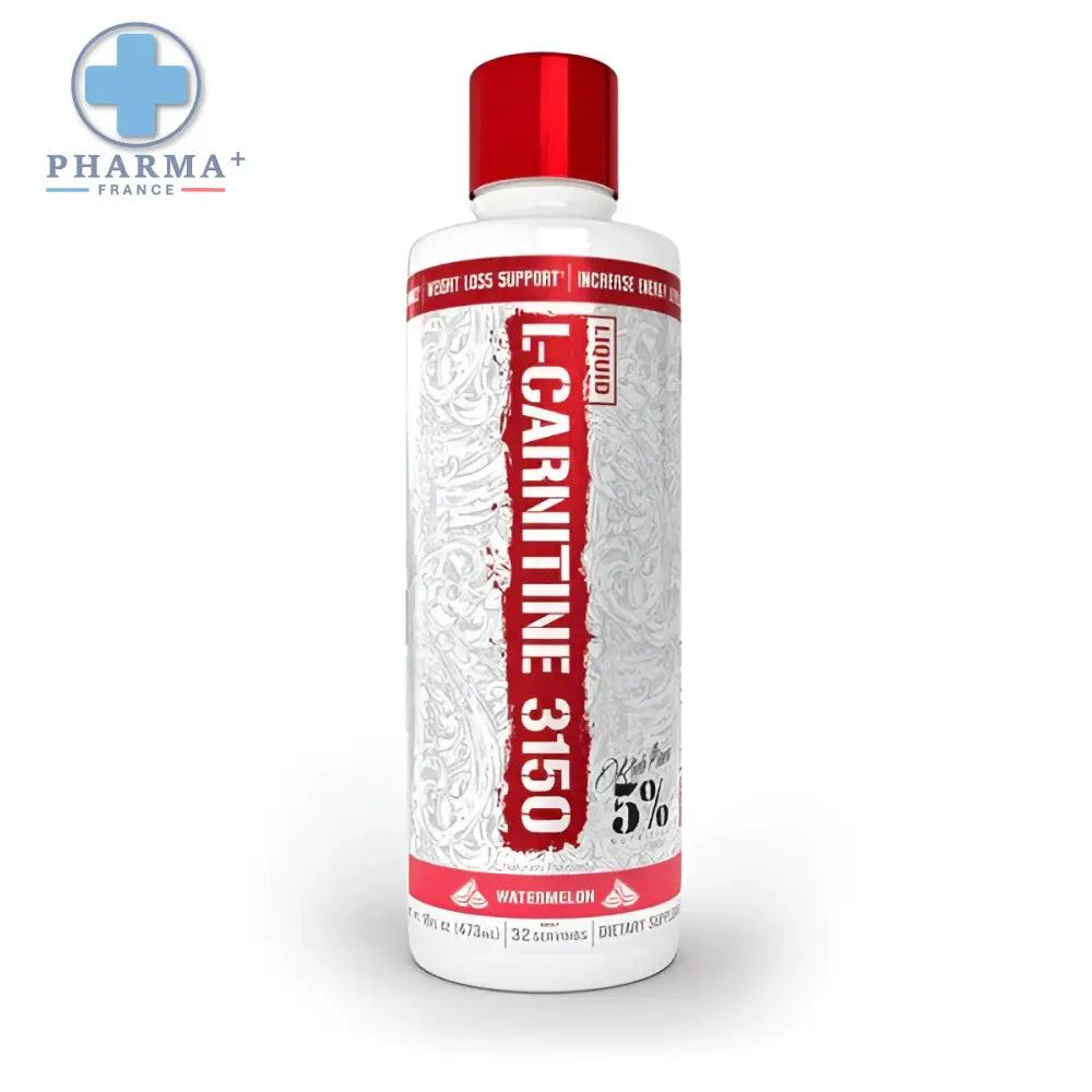 Bouteille blanche en plastique avec bouchon rouge et étiquette rouge l-carnitine 3150 complément sportif nutrition liquide