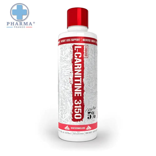 Bouteille blanche en plastique avec bouchon rouge et étiquette rouge l-carnitine 3150 complément sportif nutrition liquide