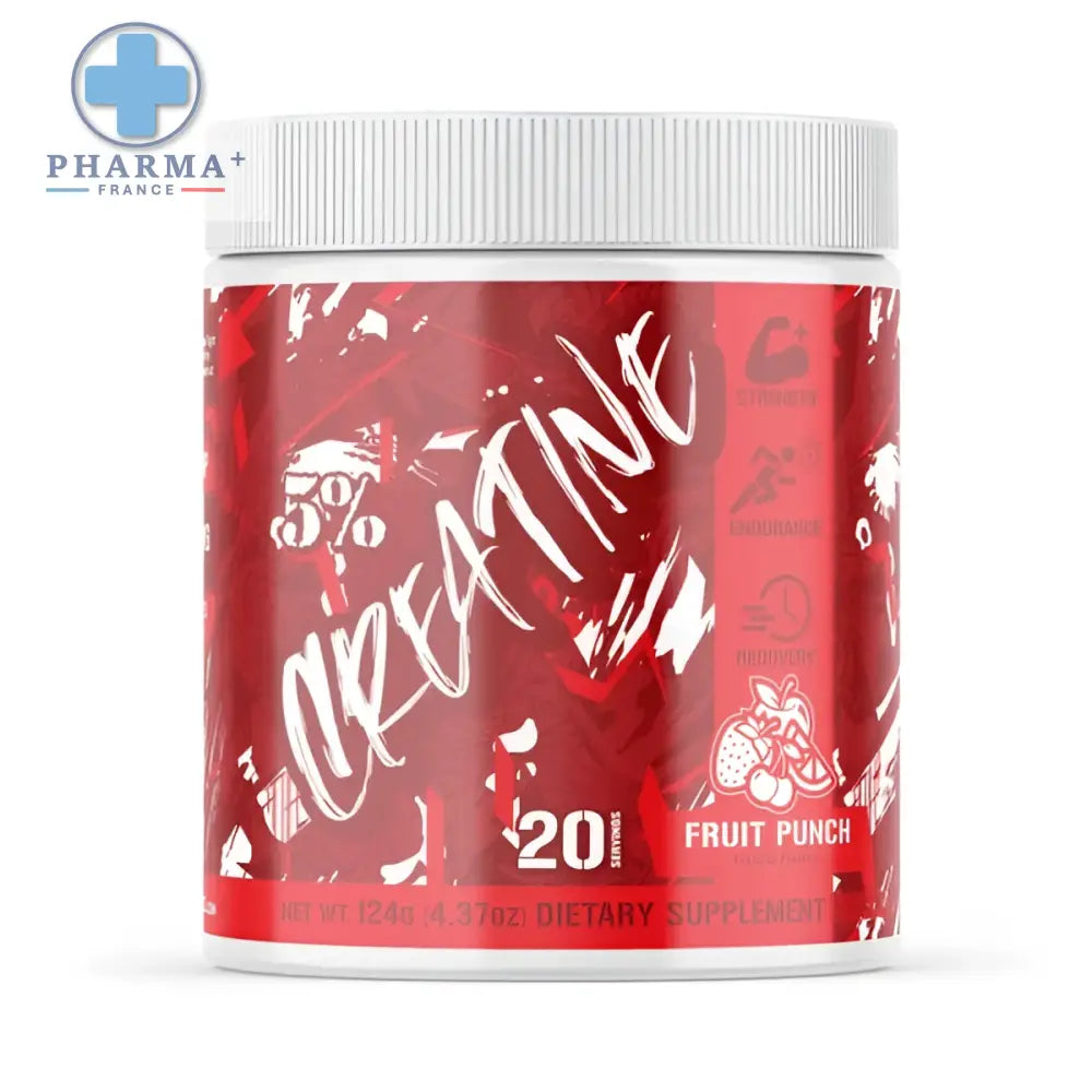 Red cylindrical container with white lid of 5% nutrition créatine fruit punch flavor featuring strawberries and oranges graphics