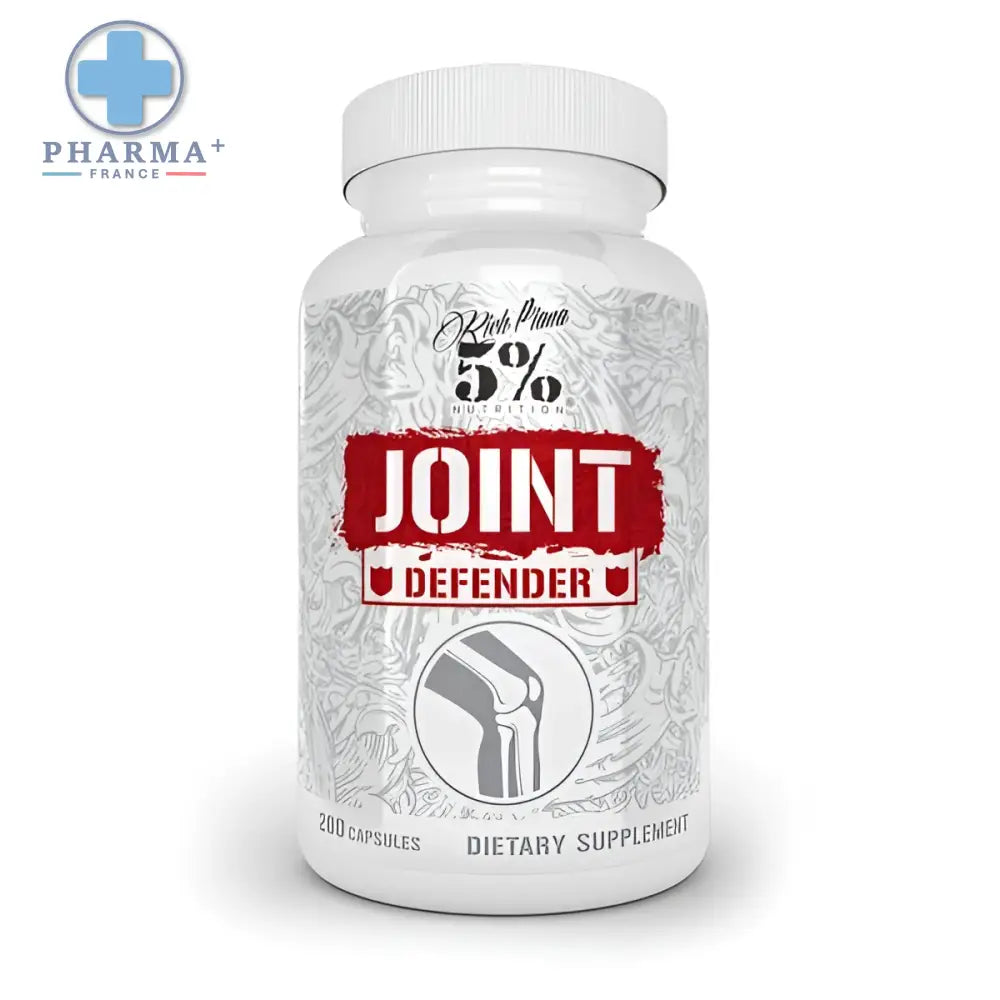 Bouteille plastique blanche nutrition joint defender avec étiquette rouge noir et illustration d articulation genou
