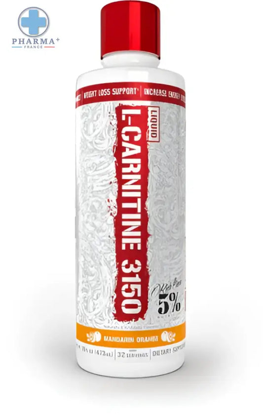 Bouteille blanche avec bouchon rouge et étiquette l carnitine 3150 série légendaire nutrition liquide mandarine orangée 473 ml
