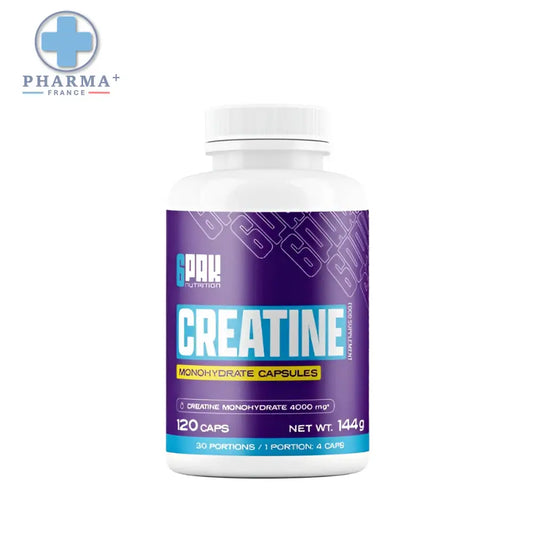 Bouteille blanche en plastique 6pak créatine monohydrate 120 capsules complément alimentaire pâle bleu violet