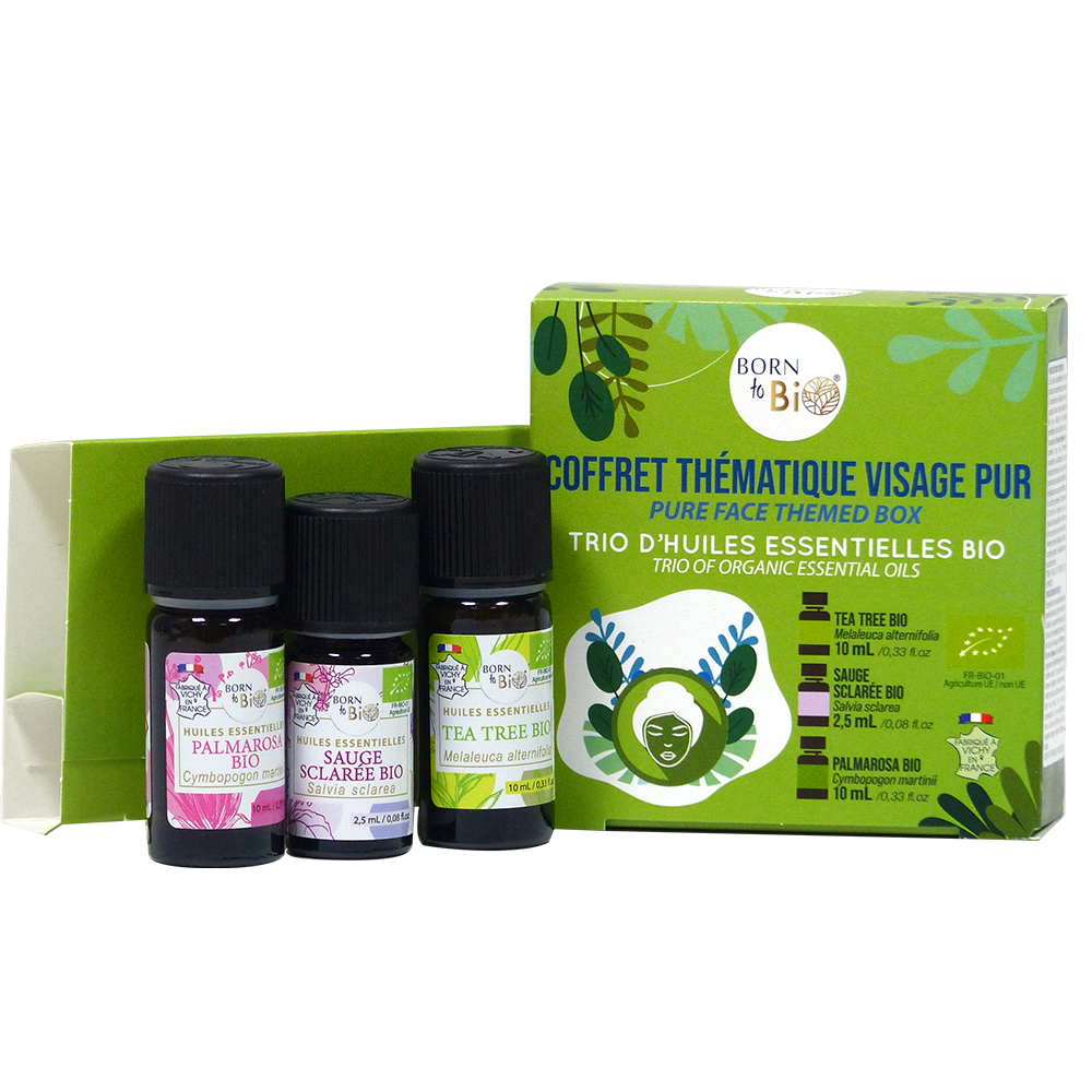 NÉ(E) COFFRET HUILES ESSENTIELLES BIOLOGIQUES VISAGE PUR 3 X 10 ML