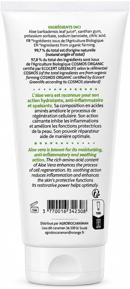 Gel Aloe Vera Bio 97,8% – Apaise et Hydrate – Certifié COSMOS ORGANIC – 200 ml – Fabriqué en France
