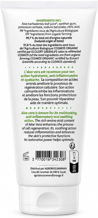 Gel Aloe Vera Bio 97,8% – Apaise et Hydrate – Certifié COSMOS ORGANIC – 200 ml – Fabriqué en France