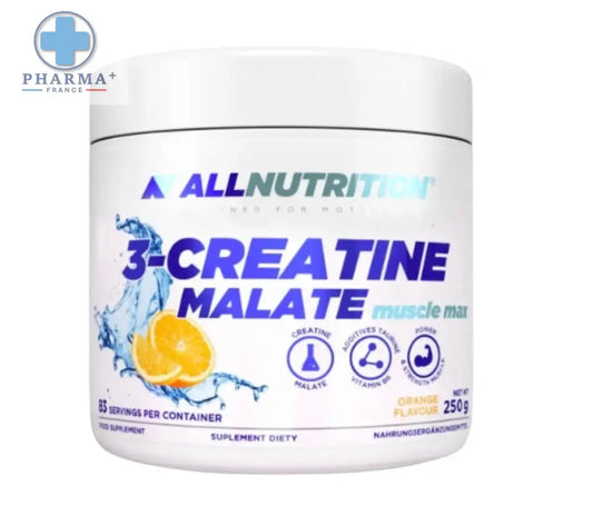 Contenant blanc cylindrique de poudre allnutrition 3-créatine malate muscle max orange 250 g pour performance musculaire
