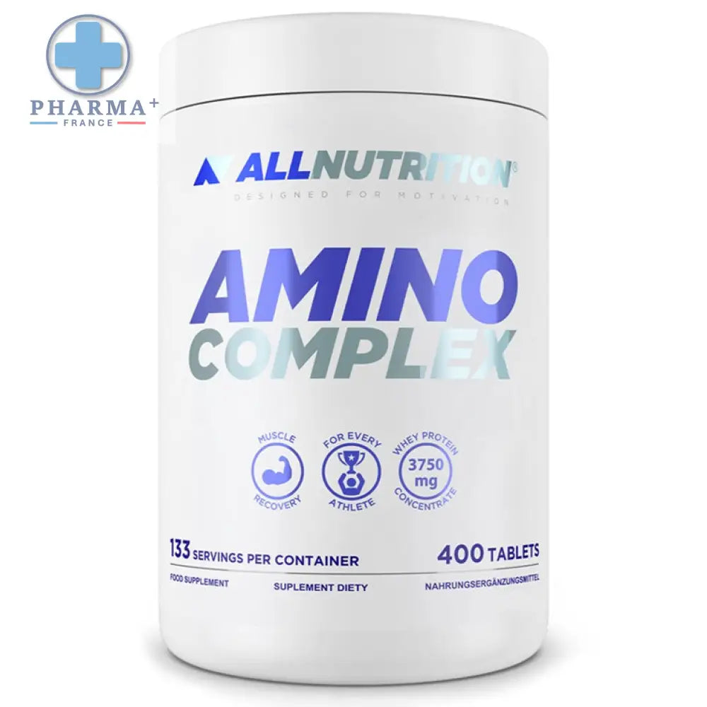 Conteneur blanc cylindrique allnutrition amino complex avec étiquette bleue et argentée 400 comprimés 3750 mg whey protein concentrate