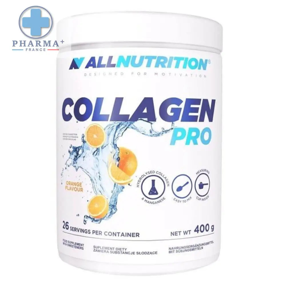 Conteneur blanc cylindrique allnutrition collagen pro saveur orange avec étiquette bleu et teal et oranges tranchées splashant