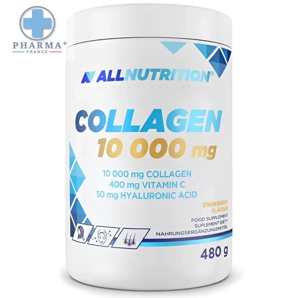 White cylindrical container of allnutrition collagène complément alimentaire à base collagen 10 000 mg powder with blue and gold labeling