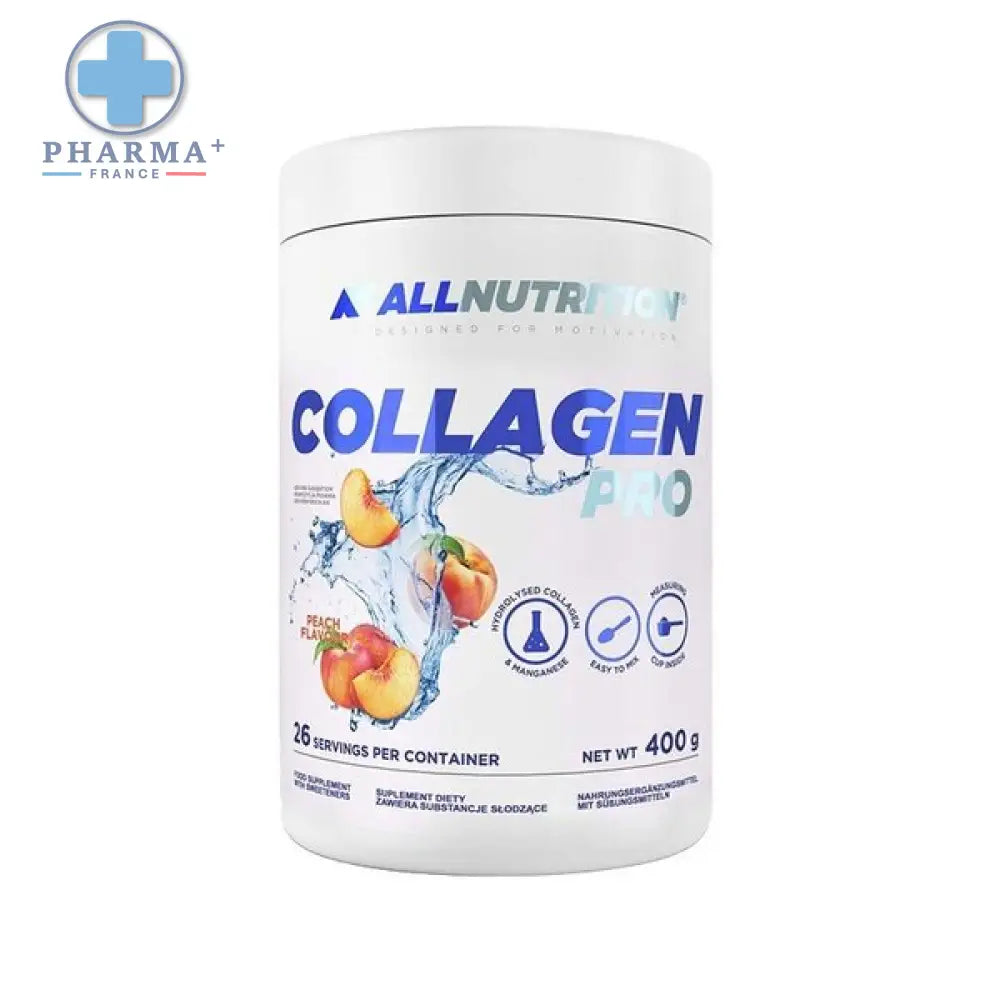 Contenant cylindrique blanc allnutrition collagène pro alimentaire à base de pêche 400 g avec étiquette pêche et eau