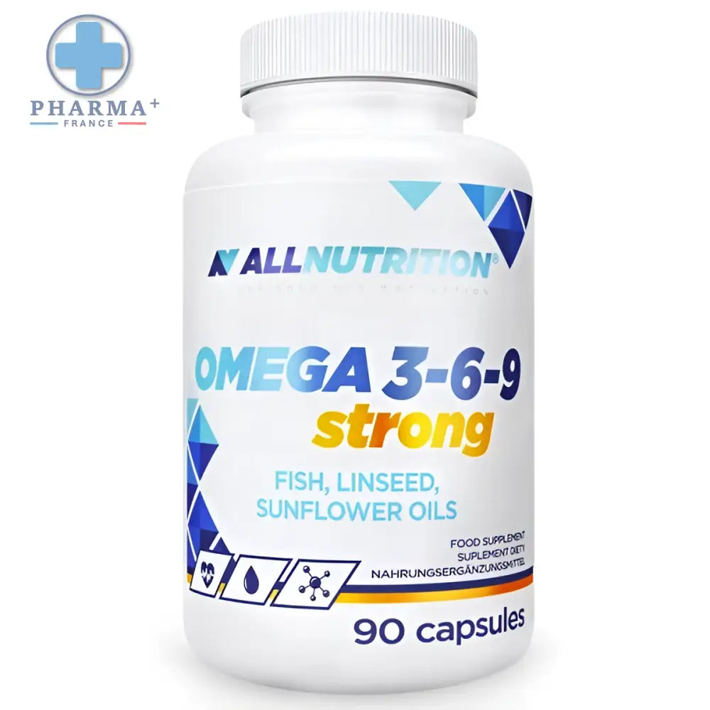 Bouteille blanche en plastique allnutrition complément alimentaire à base doméga 3 6 9 souvent issus dhuile marine 90 capsules
