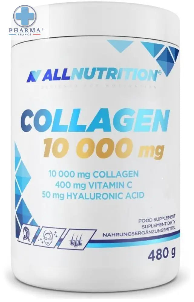 Conteneur blanc cylindrique de complément alimentaire à base dallnutrition collagène 10 000 mg poudre avec texte bleu et or