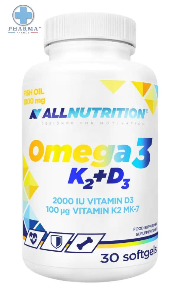 Bouteille blanche en plastique du complément alimentaire à base de k2+d3 allnutrition capsules molles avec étiquette géométrique colorée