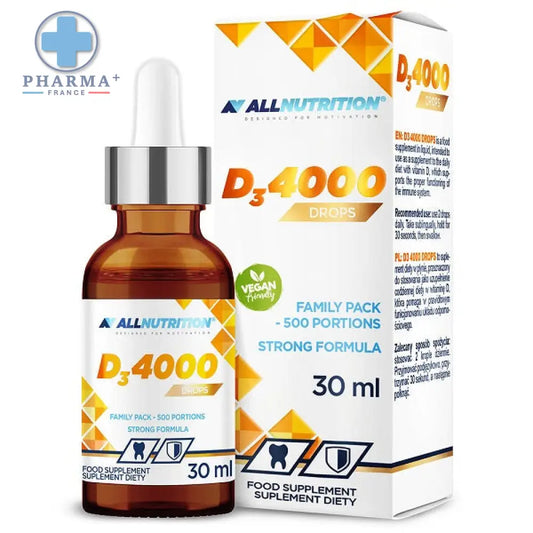 Flacon en verre ambré allnutrition vit avec pipette argentée et étiquette blanche orange complément alimentaire vitaminé d3 4000 drops