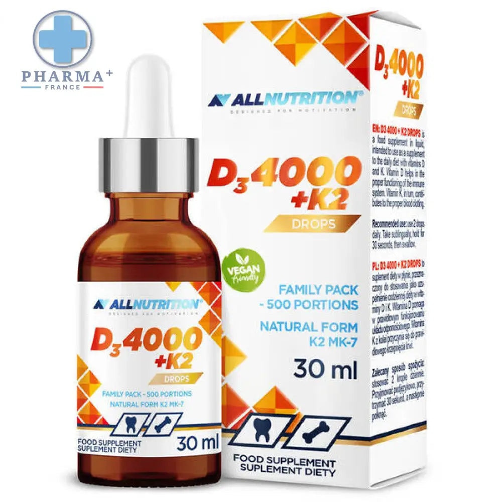 Flacon en verre ambré avec compte-gouttes argenté et étiquette blanche à motifs orange d complement alimentaire vitaminé allnutrition vit d3 4000 k2 30 ml