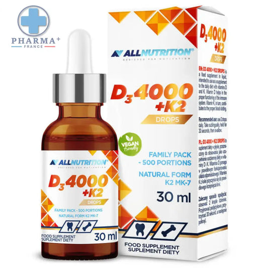 Flacon en verre ambré avec compte-gouttes argenté et étiquette blanche à motifs orange d complement alimentaire vitaminé allnutrition vit d3 4000 k2 30 ml