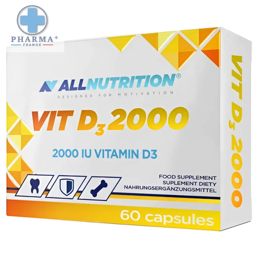 Boîte blanche et jaune de supplément alimentaire allnutrition vit d3 2000 60 gélules complément alimentaire vitaminé