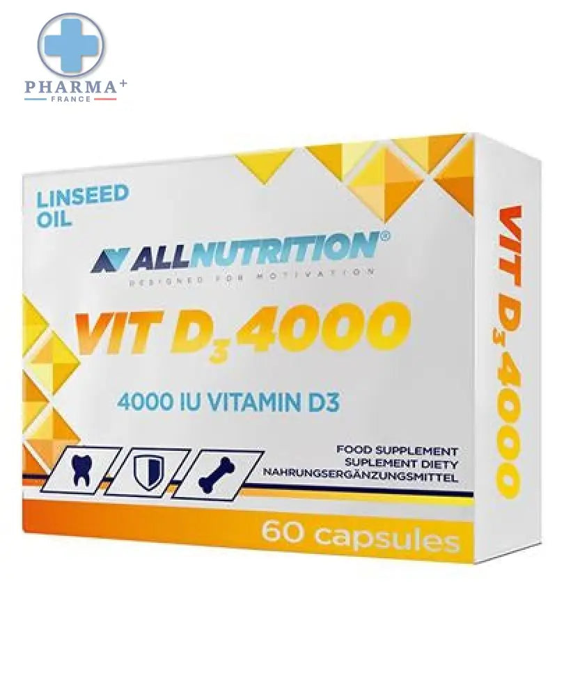 Boîte allnutrition vit d3 4000 complément alimentaire vitaminé à lhuile de lin avec capsules huile de lin jaune orange