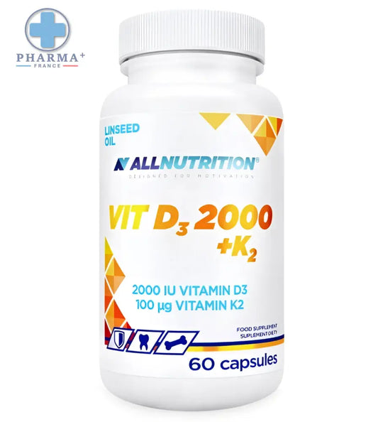 Bouteille blanche en plastique allnutrition vit d3 2000 k2 complément alimentaire vitaminé à 60 gélules