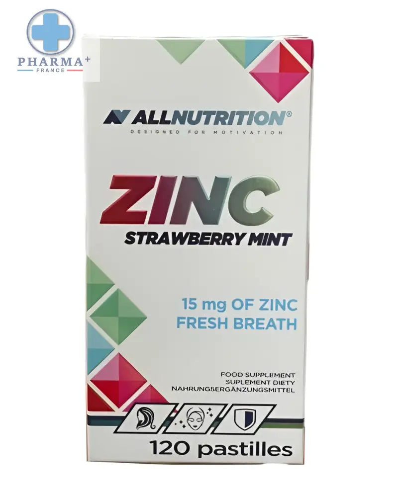 Boîte de complément alimentaire allnutrition zinc saveur fraise menthe avec 120 pastilles pour usage quotidien