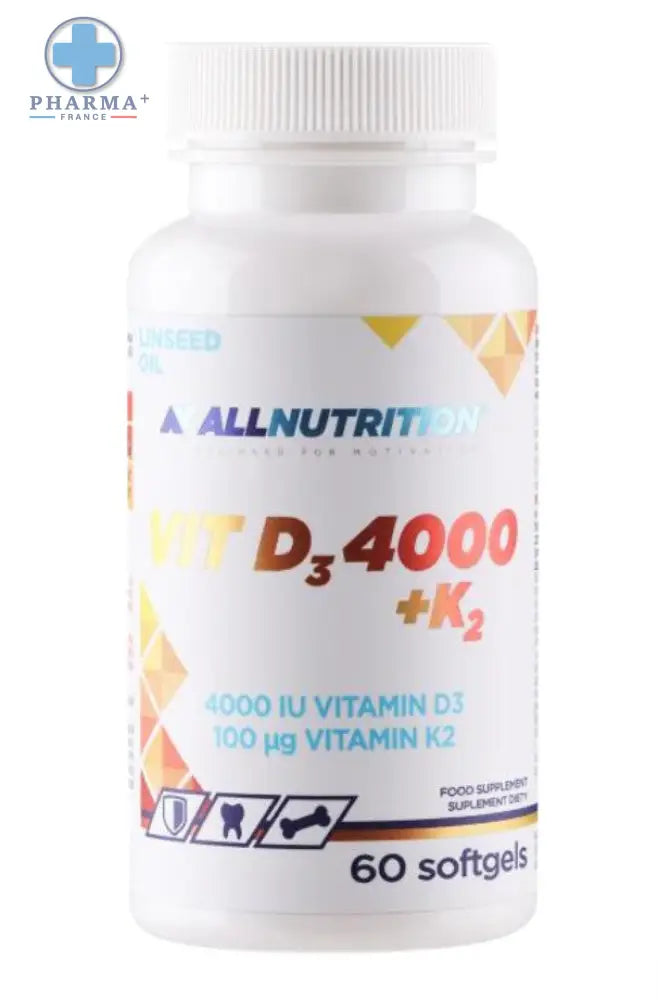 Bouteille blanche en plastique de allnutrition vit capsules molles vitamine d3 4000 iu k2 complexe vitaminé découvrez