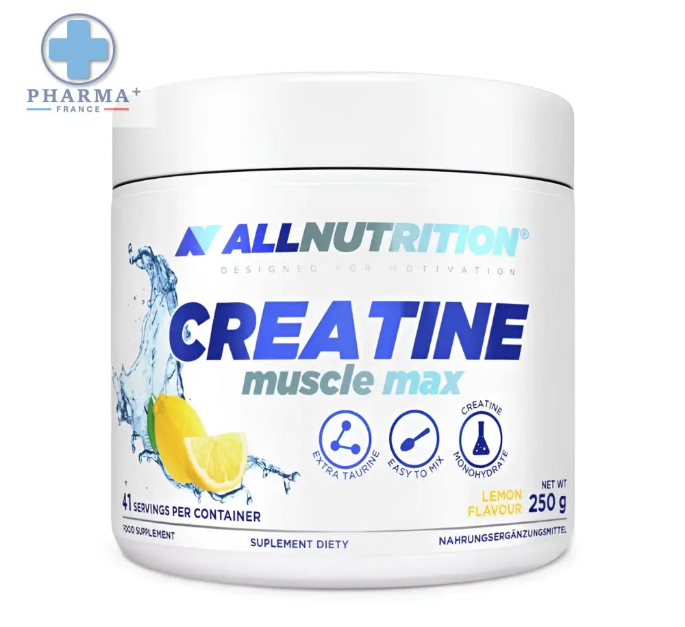 Contenant blanc cylindrique allnutrition créatine muscle max saveur citron 250 g poids net pour performance musculaire