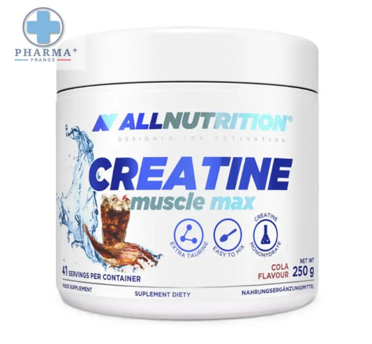 Conteneur blanc cylindrique d’allnutrition créatine muscle max saveur cola 250 g poids net pour performance musculaire