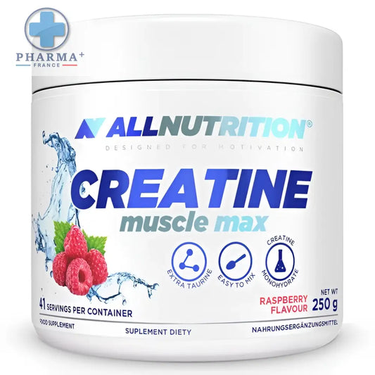Pot cylindrique blanc allnutrition créatine muscle max saveur framboise 250 g pour performance musculaire