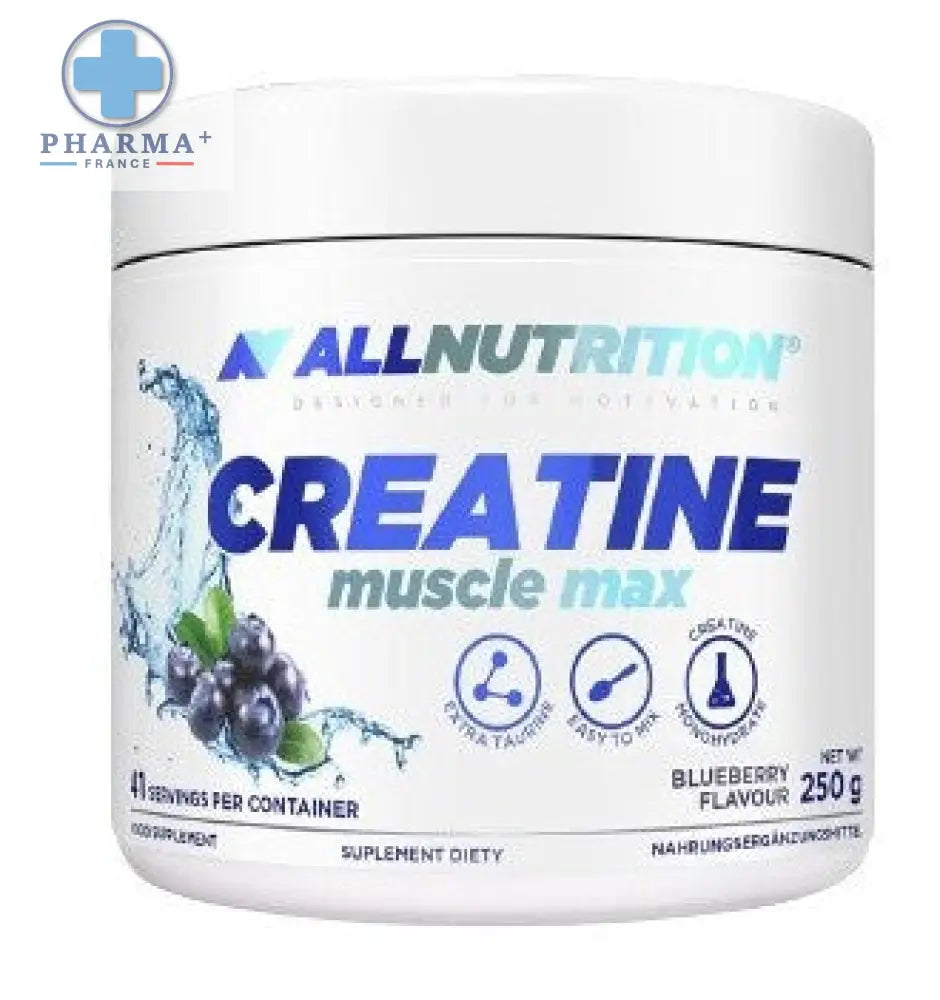 White cylindrical container of allnutrition créatine muscle max blueberry flavor 250g for muscle max supplementation