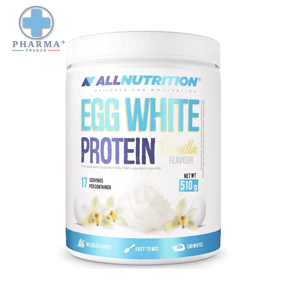 Contenant blanc cylindrique allnutrition egg white protéine vanille 510 g poids net pour supplément nutritionnel