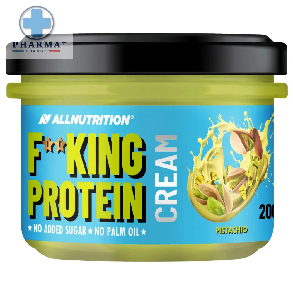 Allnutrition fitking protéine cream pistache 500 g dans un pot vert lime avec couvercle noir et étiquette bleue
